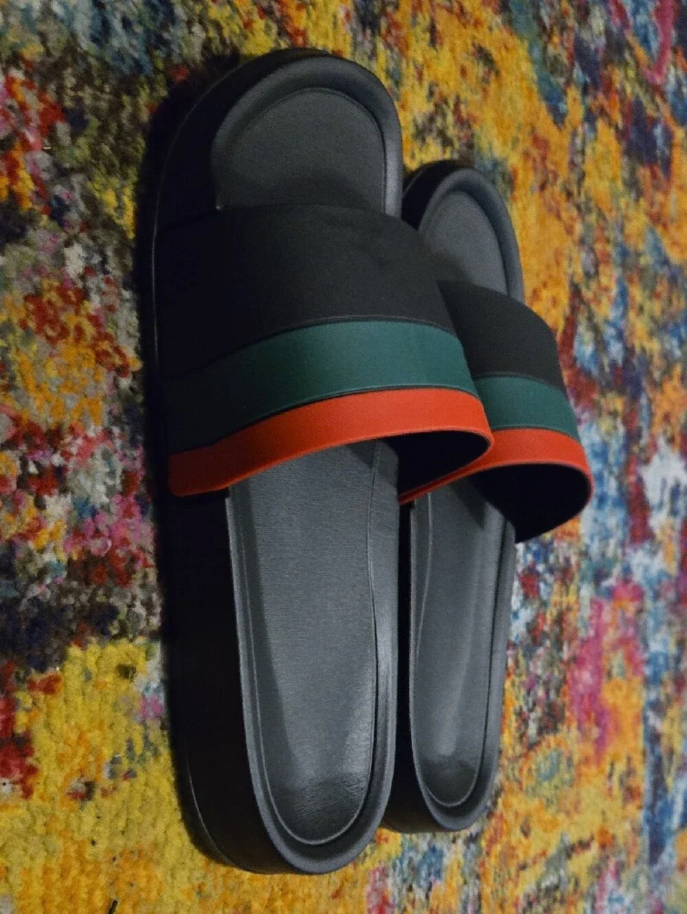 Black Slide Sandals with Green and Red Stripes